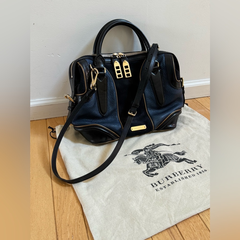 Burberry Prosum Navy Suede Leather Bronze Metallic Detail Shoulder tote bag